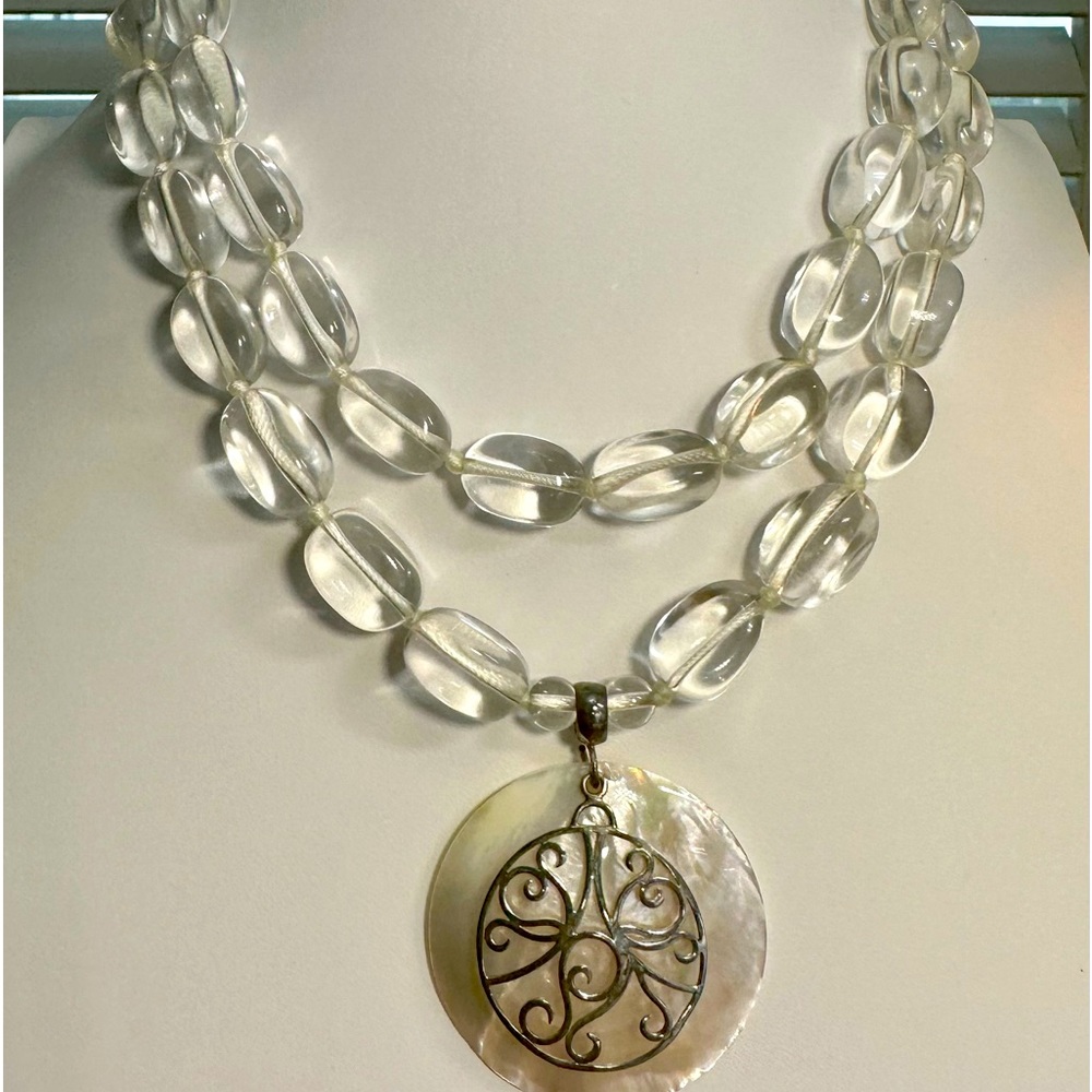 LUC925 signed mother of pearl vintage large quartz beaded necklace double strand
